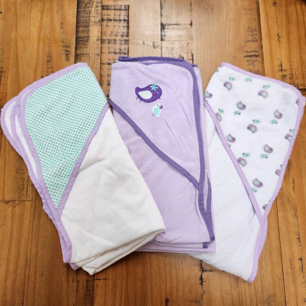BUNDLE (3) Rene Rofe Hooded Towels Infant Baby Bathtime Purple White Birds OS